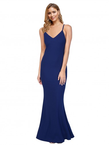Purchase Stretch Crepe Sheath Long Sleeveless Royal Blue Low Back Formal Dress