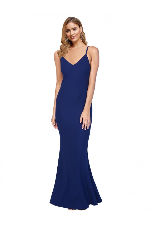 Purchase Stretch Crepe Sheath Long Sleeveless Royal Blue Low Back Formal Dress