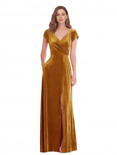 Purchase Stretch Velvet Sheath Long Cap Sleeves Formal Evening Dress