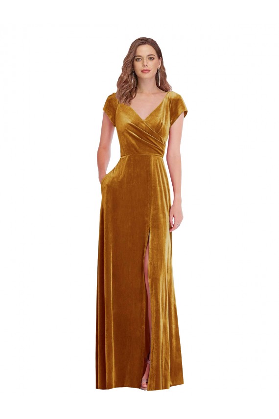 Purchase Stretch Velvet Sheath Long Cap Sleeves Formal Evening Dress