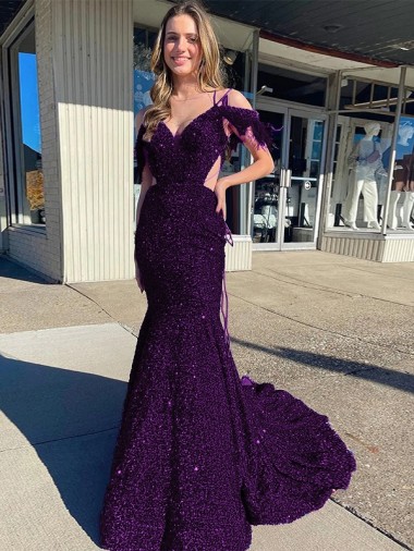 Purchase Velvet Sequin Sheath Court Train Sleeveless Long Evening Dress