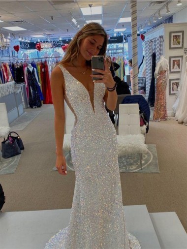 Purchase Velvet Sequin Sheath Sweep Train Sleeveless V-Neck Evening Dress