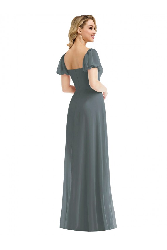 Purchase Soft Chiffon A-Line Long Puff Sleeves Semi Formal Evening Dress