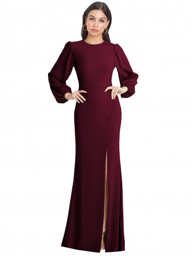 Purchase Stretch Crepe Trumpet Long Puff Sleeves Open Back Formal Dress