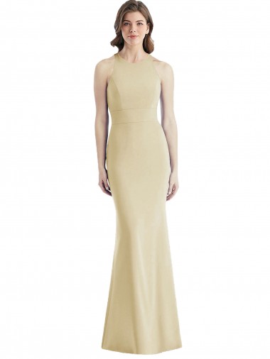 Purchase Stretch Crepe Trumpet Long Sleeveless Criss Cross Open Back Semi Formal Evening Gown