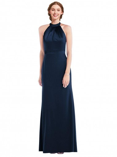 Purchase Stretch Crepe Trumpet Long Sleeveless Dark Navy Open Back Semi Formal Evening Dress