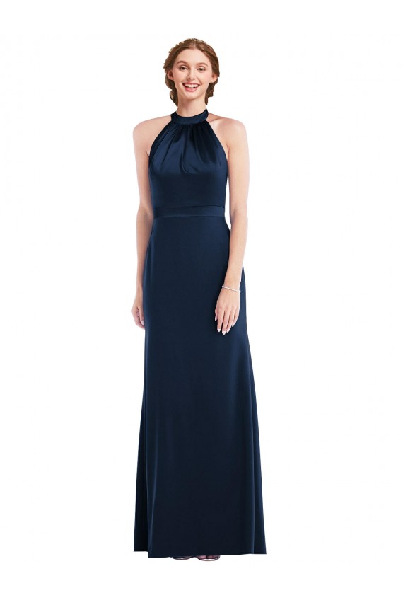 Purchase Stretch Crepe Trumpet Long Sleeveless Dark Navy Open Back Semi Formal Evening Dress