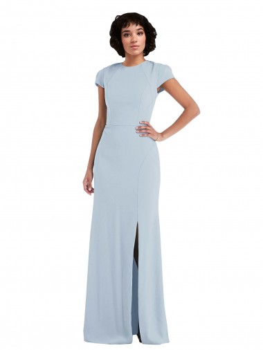 Purchase Stretch Crepe Trumpet Long Cap Sleeves Keyhole Back Semi Formal Evening Dress