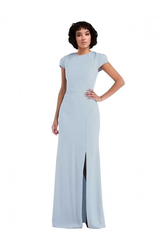 Purchase Stretch Crepe Trumpet Long Cap Sleeves Keyhole Back Semi Formal Evening Dress
