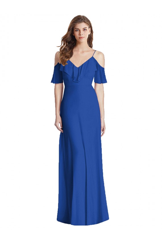 Purchase Soft Chiffon Trumpet Long Cold Shoulder V-Back Semi Formal Evening Dress