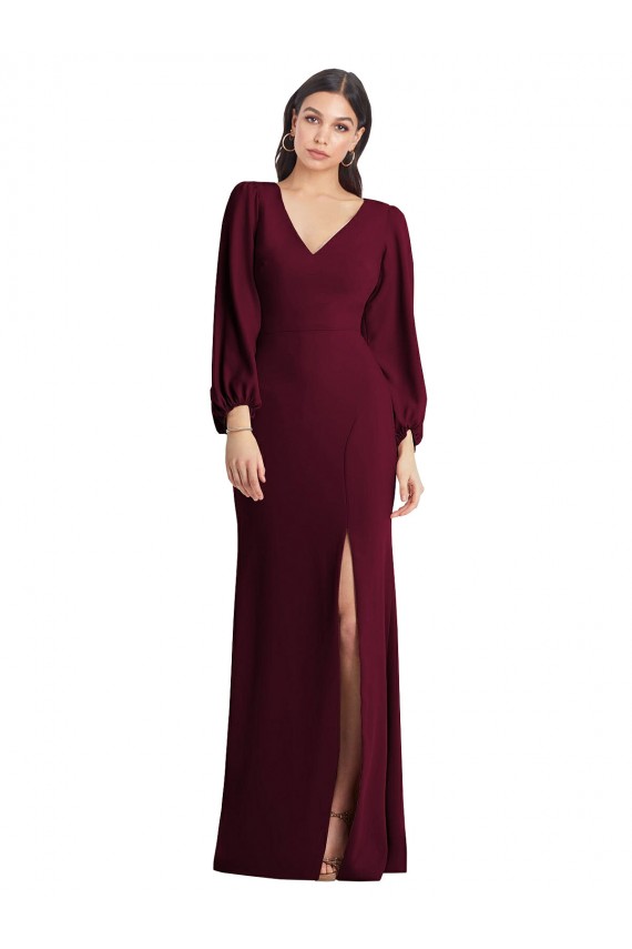 Purchase Stretch Crepe Trumpet Long Puff Sleeves Semi Formal Evening Dress